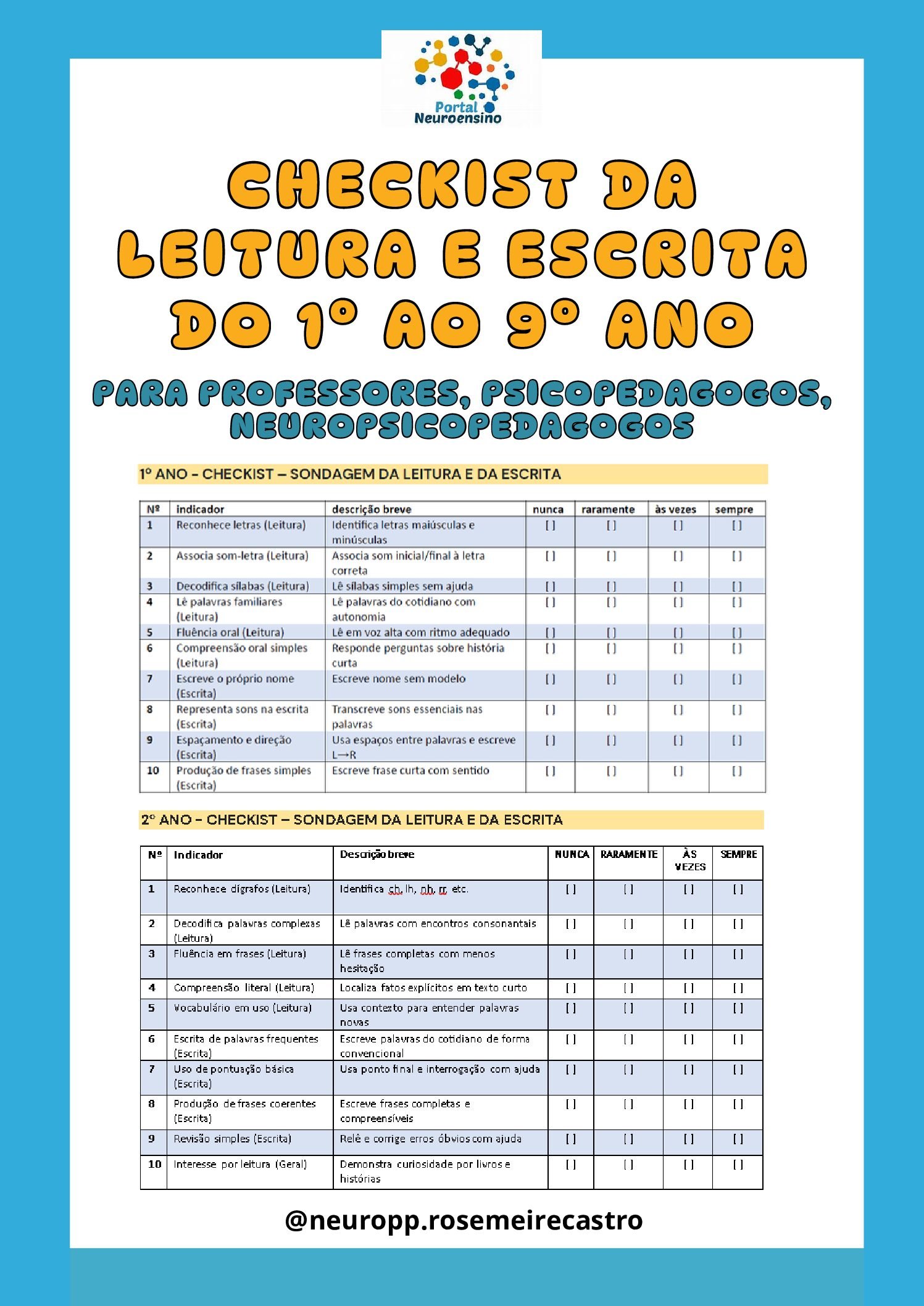 Checkist da leitura e escrita 1º ao 9º ano